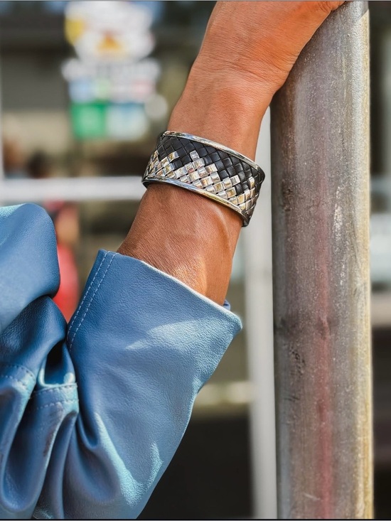 Bottega Veneta Jewelry - BOTTEGA VENETA Silver and leather intrecciato cuff bracelet